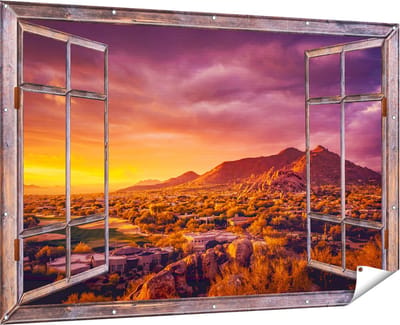 Gards Tuinposter Doorkijk Woestijn Landschap met Zonsondergang - 180x120 cm - Tuindoek - Tuindecoratie - Wanddecoratie buiten - Tuinschilderij