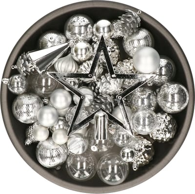 Decoris kerstballen, ornamenten en piek set - 60-delig - zilver - kunststof - kerstversiering