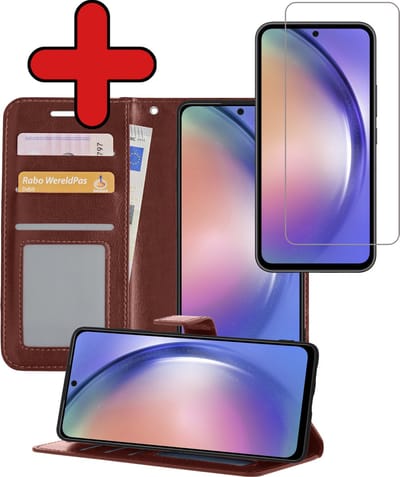 Hoesje - Met Screenprotector - Geschikt voor Samsung Galaxy A54 - Luxe Pasjeshouder - Flipcase - Bookcase Portemonee - Flip Case - Kunstleer Book Case - Book Cover - Walletcase - Portemonneehoes - Telefoonhoes - Bruin