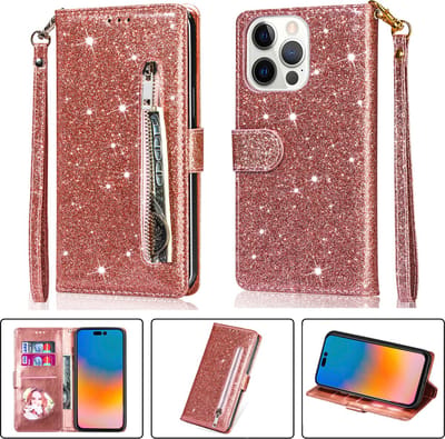 Glitter Bookcase voor Apple iPhone 14 Pro | Hoogwaardig PU Leren Hoesje | Lederen Wallet Case | Telefoonhoesje | Pasjeshouder | Roze Goud