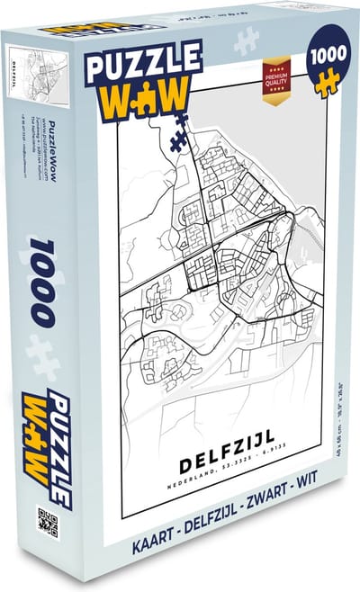Puzzel Kaart - Delfzijl - Zwart - Wit - Legpuzzel - Puzzel 1000 stukjes volwassenen