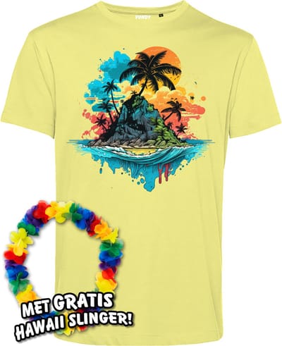 T-shirt Palmboom Eiland | Toppers in Concert 2024 | Club Tropicana | Hawaii Shirt | Ibiza Kleding | Lichtgeel | maat XS