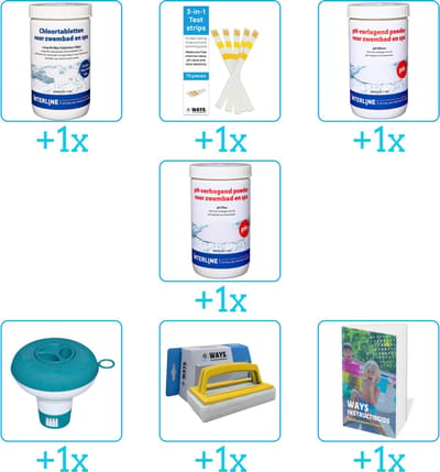 Zwembad Onderhoudspakket - Onderhoud Zwembad - bevat Chloor - Testrips - PH-min - PH-plus - Chloordrijver - Scrubborstel en Zwembadgids (7-delig)