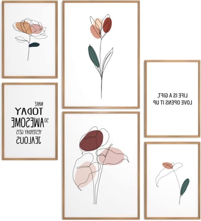 Poster Set Bloemen - Abstracte Tekeningen - Woonkamer Decoratie - Inclusief Houten Lijsten - 2x A3 4x A4 - Natuurlijk Hout