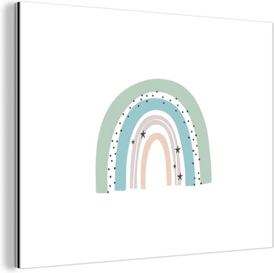 Wanddecoratie Metaal - Aluminium Schilderij Industrieel - Regenboog - Kinderen - Sterren - Stippen - Pastel - 80x60 cm - Dibond - Foto op aluminium - Industriële muurdecoratie - Voor de woonkamer/slaapkamer
