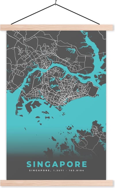 Posterhanger incl. Poster 40x60 cm - Schoolplaat - Stadskaart - Blauw - Singapore - Plattegrond - Kaart - Textielposter - Blanke latten - Stadskaart