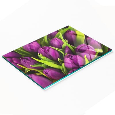 Decoratieve glazen snij- en serveerplank met paarse tulpen, 80x52 cm