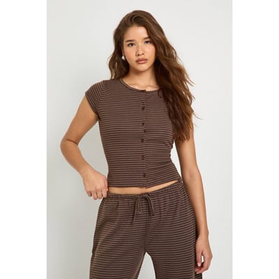 boohoo Dames Gestreepte knop door capmouwtop | Chocoladebruin | Maat: 40