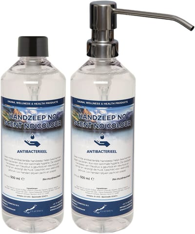 Handzeep No Scent No Colour 500 ml - set van 2 stuks - met gratis RVS zilverkleurige pomp - Voordeelverpakking