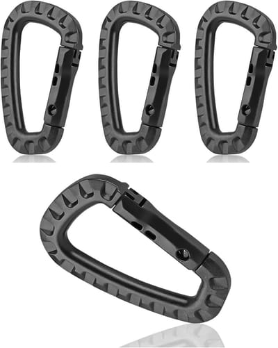Set van 4 praktische en robuuste D-vormige plastic karabijnhaken voor buitenactiviteiten, lichtgewicht en betrouwbaar, perfect voor kamperen en wandelen, zwart