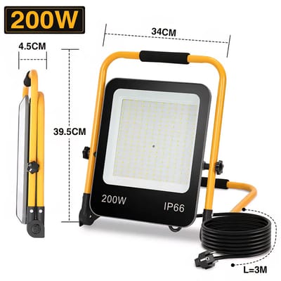 Tayire LED Schijnwerper Bouwlamp 200W Werklamp Buitenlamp 6000K Koel Wit 20.000 Lumen IP65 Waterdicht 3m Kabel met Verstelbare Beugel