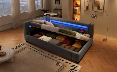 Slaapbank - 90x200 cm Grijs - Linnen Met Ledstrip Aan Voeteneinde, Hydraulische Liftopslag En Usb+Type-C