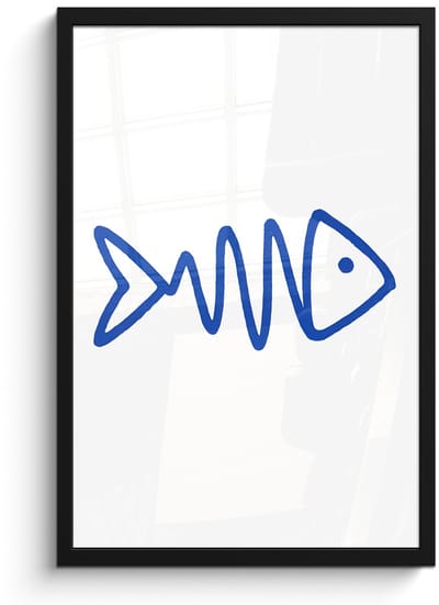 Poster in lijst - Fotolijst 40x60 cm - Posters - Vis - Minimalistisch - Blauw - Lijn - Posterlijst zwart - Decoratie - Wanddecoratie woonkamer - Muurdecoratie slaapkamer