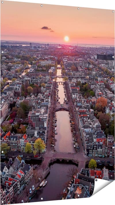 Gards Tuinposter Bovenaanzicht Amsterdam met Zonsondergang - 120x180 cm - Tuindoek - Tuindecoratie - Wanddecoratie buiten - Tuinschilderij