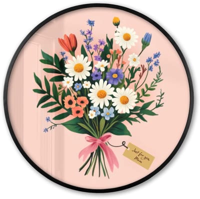Poster in lijst Rond - Fotolijst 60x60 cm - Posters - Margrieten - Boeket - Strikje - Roze - Ronde posterlijst zwart - Decoratie - Wanddecoratie woonkamer - Muurdecoratie slaapkamer