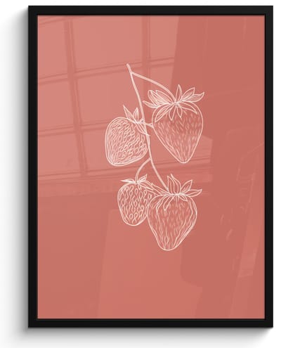 Poster in lijst - Fotolijst 50x70 cm - Posters - Minimalistisch - Illustratie - Aardbei - Tak - Posterlijst zwart - Decoratie - Wanddecoratie woonkamer - Muurdecoratie slaapkamer