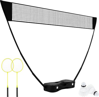 COSTWAY Badminton netstandaard, draagbaar shuttlespel met rackets, 2 shuttles, net en opbergdoos, complete badmintonset voor badminton/tennis en volleybal voor binnen en buiten