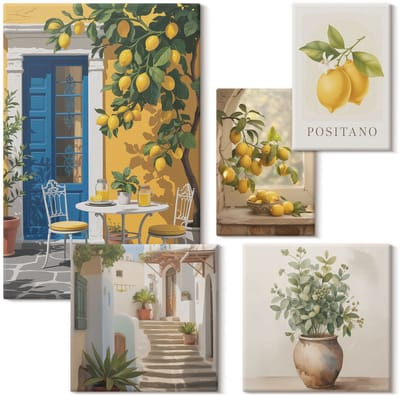 Wallfluent Set van canvas schilderijen - Citrusinspiraties in mediterrane stijl Canvas Schilderijen Set - Set van 5 Canvas Schilderijen - Geel Set van Canvas Prints - Natuur Canvas Kunst Set - Boheemse Canvas Kunst Set