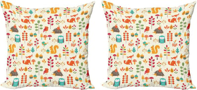 ABAKUHAUS Kinderkussensloopset (2 stuks), Uil, Vos, Eekhoorn, Vogels, 40 cm, Meerkleurig