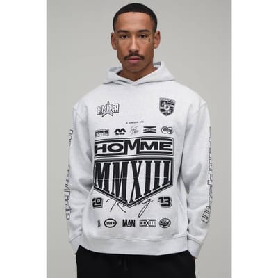 Grijsgemêleerde Oversized Hoodie Met Moto-wapen Print | Grey Marl | Size Medium