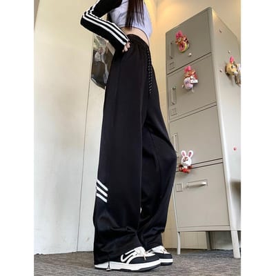Casual gestreepte broek met trekkoord voor dames voor de lente en herfst Nieuwe rechte sportjoggingbroek Losse broek met wijde pijpen XXL gray