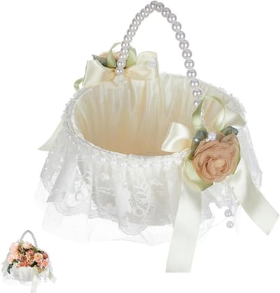 Bloemenmand Bruiloft - Decoratie Mand - Bruiloft Versieren - Handgeweven Kant - 18 x 9 x 20 cm - Wit