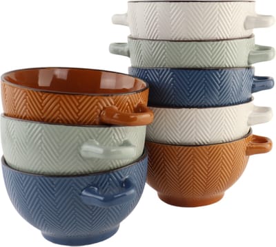 OTIX Soepkommen met Oor - Set van 8 - Soepbeker - Verschillende kleuren - Aardewerk - 600 ml - HEATHER
