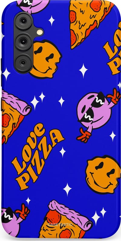 Casetastic hoesje geschikt voor Samsung Galaxy A34 (2023) 5G - Dubbellaagse bescherming - Funky Pizza - Fashion Case - Paars Okergeel Donkerblauw Bruin