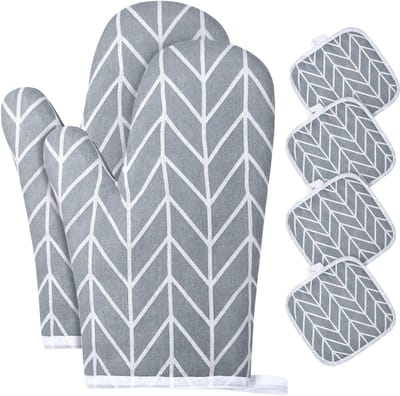 1 paar ovenhandschoenen en 4 pannenlappen, katoenen antislip ovenhandschoenen, wasbare ovenhandschoenen, hittebestendig [tot 180 °C/356 °F], kookhandschoenen voor koken, bakken, grillen (grijs)