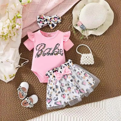 Vêtements pour bébé fille nouveau-né Combinaison à volants manches longues imprimé Babe Robe princesse tutu Robe jupe en tulle à nœud 6-12Months rose