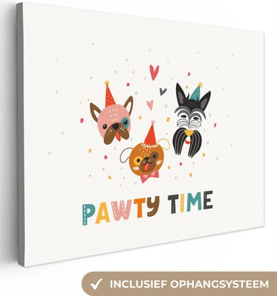Canvas Schilderij Honden - Quotes - Spreuken - Pawty time - 40x30 cm - Wanddecoratie