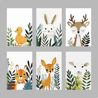 Posters Waterverf dieren A4 of 30x40 - Hert, Eend, Eekhoorn, Konijn, Schaap & Rendier - A4