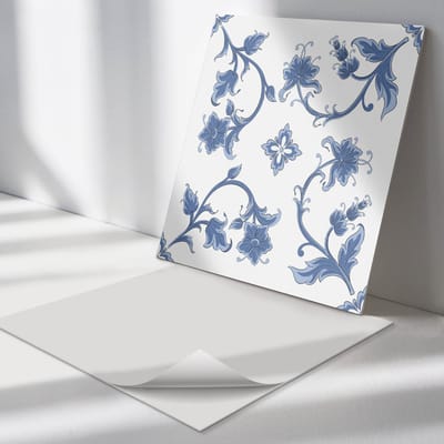 Wallfluent Vinyl Tegels - Achtergrond met Bloemenpatroon Zelfklevende Vinyltegels - 30 cm x 30 cm - Blauw Vinyl Tegels - Verpakking van 9 stuks - Vierkant PVC Tegels - Bloemen en Planten Plaktegels - Vloer Tegels PVC - Plaktegels Keuken en Badkamer