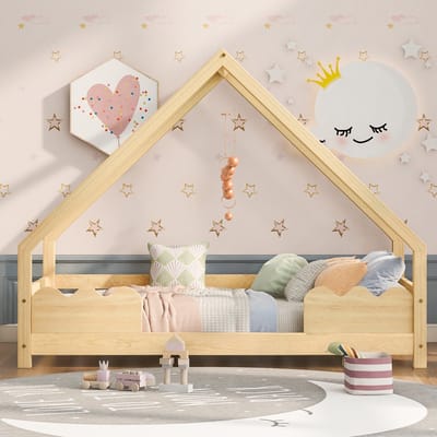 Kajuitbed - Huisbed - kinderbed 90x200 cm met valbeveiliging - speelbed - naturel massief hout - zonder matras