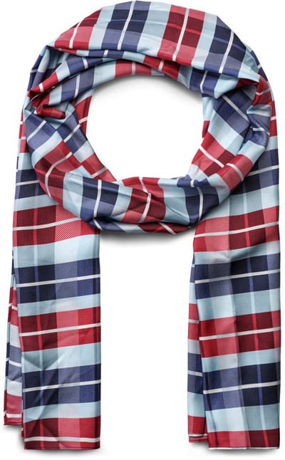 Zijden sjaal met blauw en bordeauxrood ruitpatroon