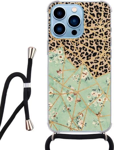 Hoesje met koord - Geschikt voor iPhone 13 Pro - Luipaard bloemen print - Verstelbaar zwart koord - Transparant, Multi - Luipaardprint - Leuke Telefoonhoesjes