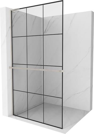 Mexen Kioto+ L douchewand met plank Walk-in 100 x 200 , zwart raster, geborsteld nikkel - 800-100-123-97-77