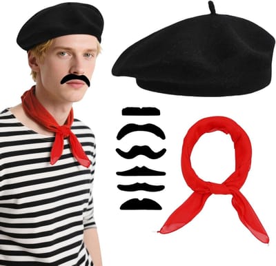 8-delige Franse kostuumaccessoireset voor volwassenen met baret, snor en sjaal - ideaal voor verkleedpartijen, theater en carnaval