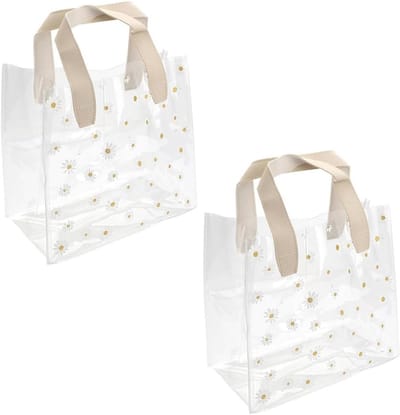 Dailygoods- Cadeauzakjes Transparant - 2 Stuks - Geschenkzakjes met Handvat - PVC - Drukknoopsluiting - Madeliefjespatroon - Perfect voor Feestgeschenken