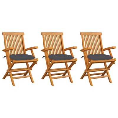 vidaXL - Klapstoelen - met - antracietkleurige - kussens, - 3 - stuks, - massief - teakhout