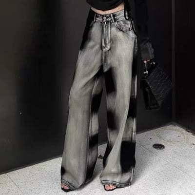 Retro Gradient Tie-dye Rechte Jeans voor Dames In Herfst- en Winterdesign Niche Gedrapeerde Lazy Wijde Pijpen Broek L black
