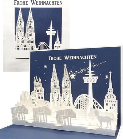 3D Pop-up Kerstkaart met Keulen Skyline en Dom - Unieke Papieren Wenskaart voor Kerstmis