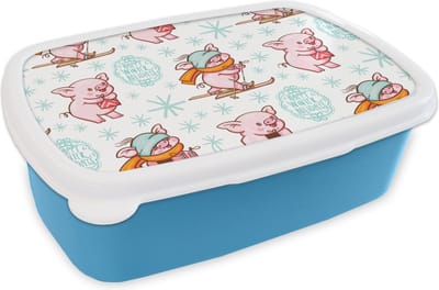 Broodtrommel Blauw - Lunchbox - Brooddoos - Winter - Varkens - Sneeuw - Patroon - Skiën - 18x12x6 cm - Kinderen - Jongen
