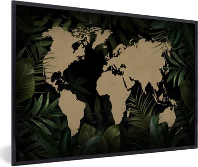 Poster in lijst - Fotolijst 90x60 cm - Posters - Wereldkaart - Bruin - Planten - Posterlijst zwart - Decoratie - Wanddecoratie woonkamer - Muurdecoratie slaapkamer