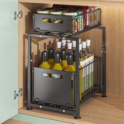 keukenkast, dubbellaagse telescopische lade, uittrekbare kast, organizer, uittrekbare lade, keuken, metaal, pull-out lade voor keukenkasten, 37,5 l x 29 b x 41-49 cm h