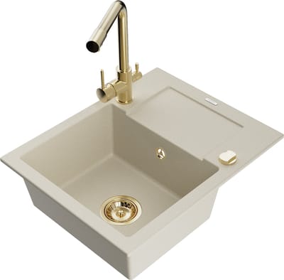 Mexen Enzo granieten gootsteen met 1 kom, afdruiprek en Duero keukenkraan, beige - 6506-69-671600-50