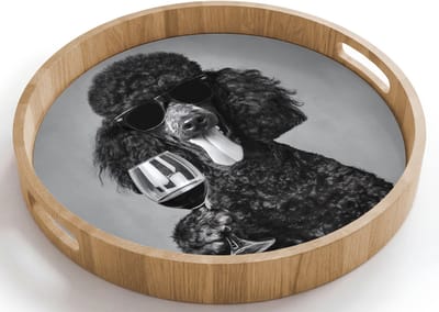 Dienblad rond 40x40 cm - Schootdienblad hout - Hond - Krullen - Zonnebril - Wijn - Borrelplank rechthoek - Plateau houten dienbladen