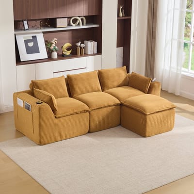 OKWISH Hoekbank 256 x 161 x 75 cm - Modulair 3-Zits Met Hocker, Kussens En Zijvakken - Voor Woonkamer - Corduroy - Oranje