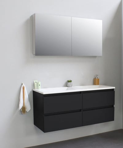 Basic Bella Badkamermeubelset - 120x55x46cm - 2 wasbakken - Acryl - Wit - 0 kraangaten - Spiegelkast zonder verlichting - Melamine Zwart mat