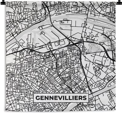 Wandkleed - Wanddoek - Frankrijk - Plattegrond - Gennevilliers - Stadskaart - Kaart - Zwart wit - 180x180 cm - Wandtapijt